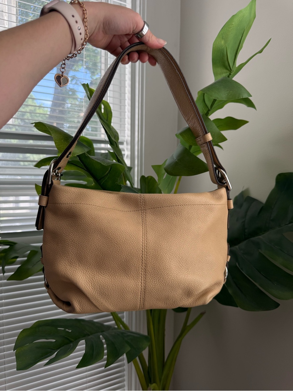 Coach Pebbled Leather Shoulder Bag in Tan with Dark Brown Strap